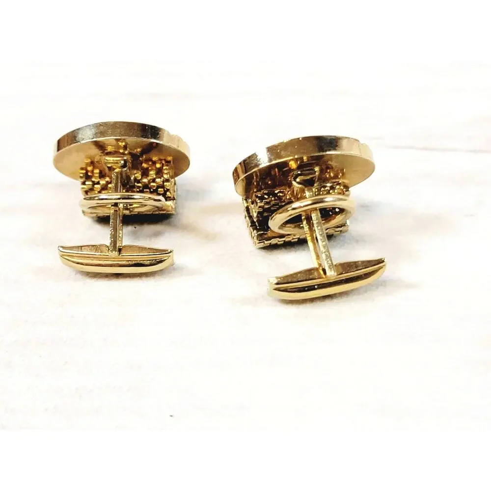Vintage Gold Tone Round Etched CuffLinks & Classic Tie Tack Chain Clip